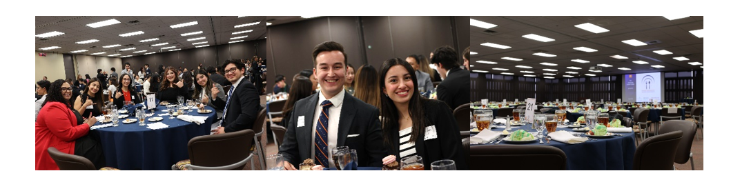 Picture 1, group of students and employers dining together at a table. Picture 2, student and employer side by side smiling. Picture 3, room full of tables and food for miner manners.